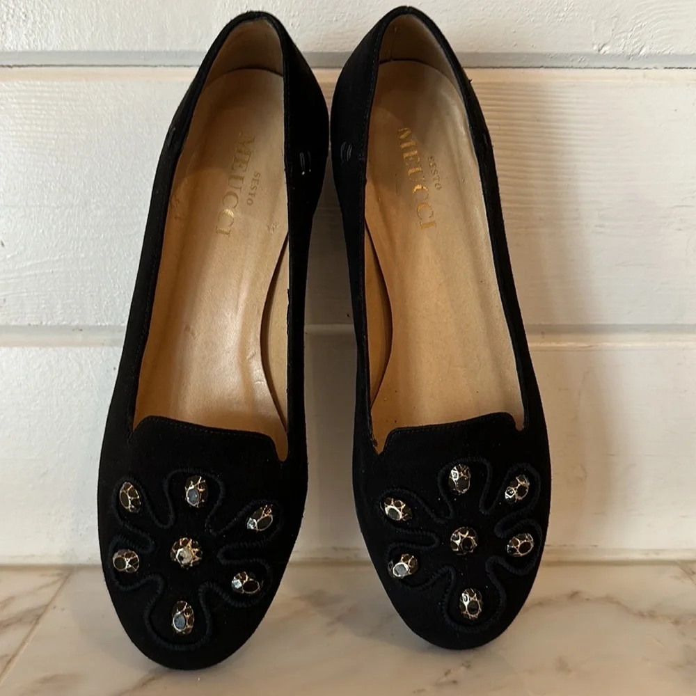 Sesto Meuuci Black Suede Embellished Slip-On Loafers Size 8